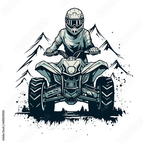 ATV Rider in Mountains – Detailed Vector Illustration of Four Wheeler Off-Road Vehicle and Helmeted Driver for Adventure, Motorsport or Outdoor Apparel Use ¥¥