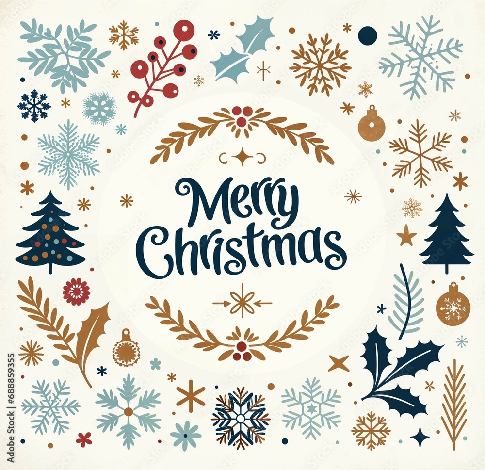 Festive Christmas Greeting Card with Snowflakes and Decorative Elements
Festive Christmas Greeting Card with Snowflakes and Decorative Elements