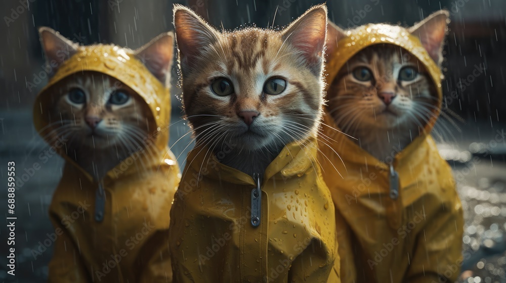 Fototapeta premium cats in a yellow raincoat. Created with generative AI. 