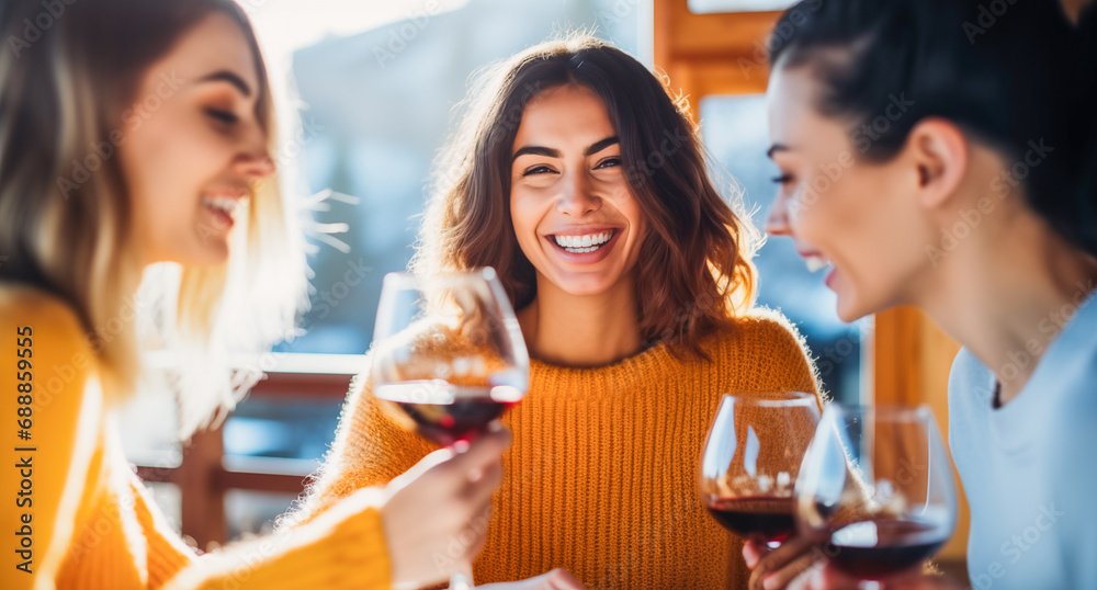 Young women enjoying winter weekends. Friends having fun and drinking red wine on a restaurant terrace at sunny day. winter vacation in mountains