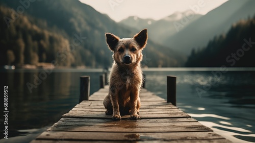 dog standing on the dock of a lake. Created with generative AI.