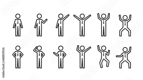 Pictogram of a human figure, set of various poses of a businessman wearing a tie, line width variable