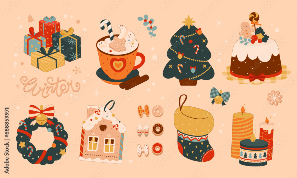 Set of Christmas hand-drawn elements in a cute cozy style. Perfect for scrapbooking, greeting cards, party invitations, stickers.