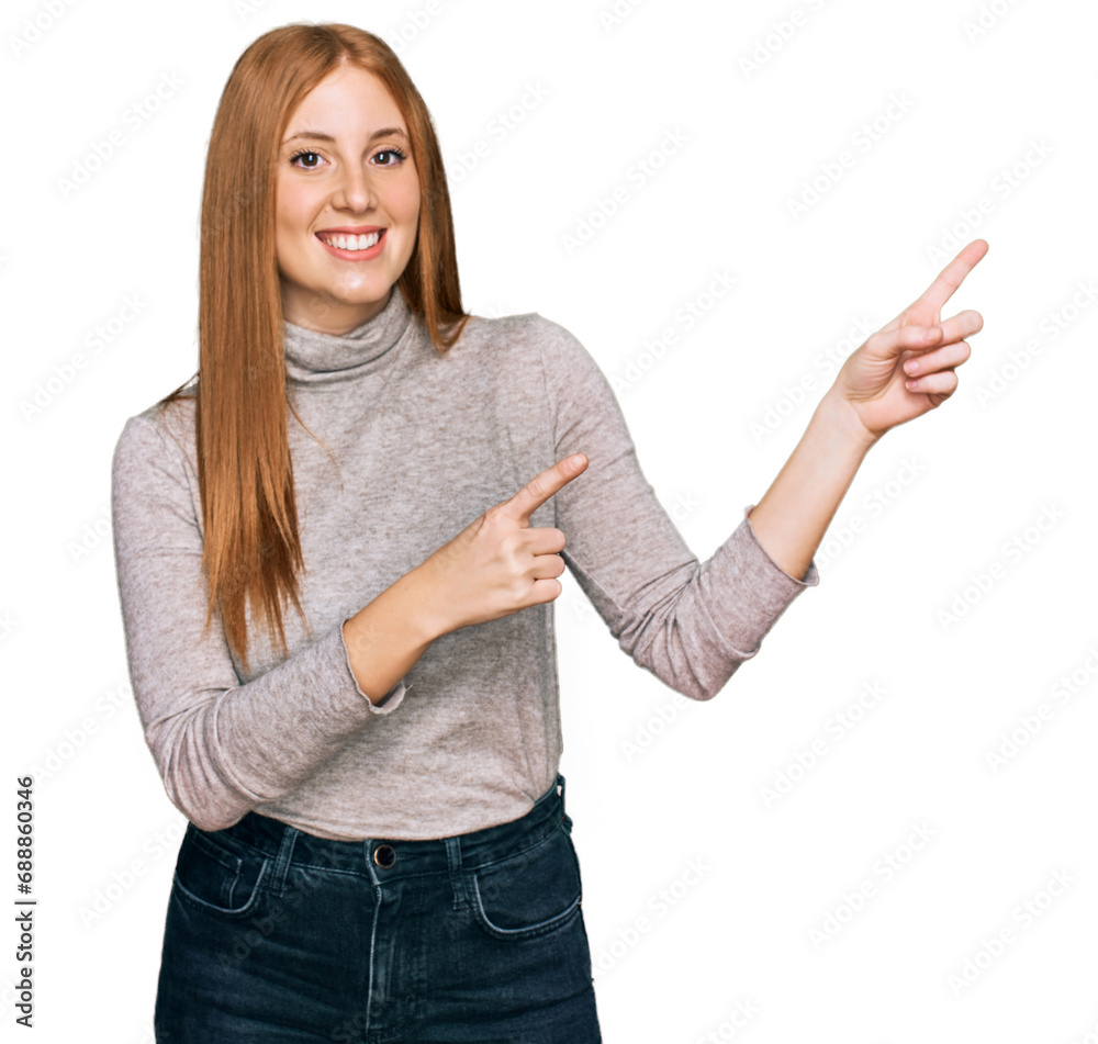 Young irish woman wearing casual clothes smiling and looking at the camera pointing with two hands and fingers to the side. Young irish woman wearing casual clothes smiling and looking at the camera pointing with two hands and fingers to the side.