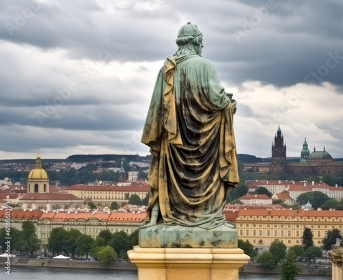 The city of Prague, Hungary with a gold statue on a cloudy day.