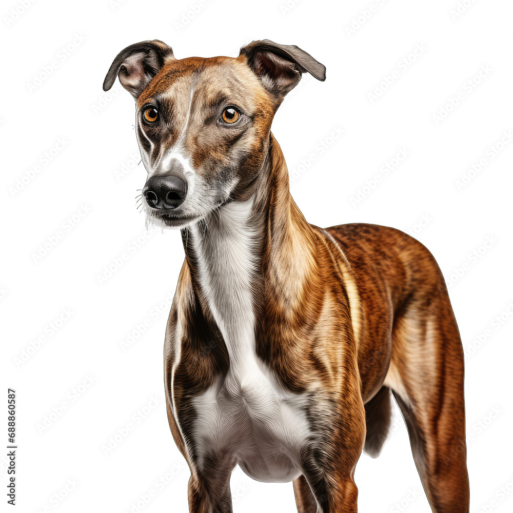 Portrait of Spanish greyhound on transparent or white background - World Greyhound Day concept