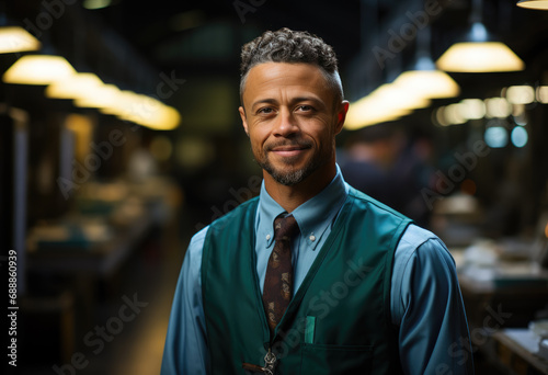Portrait of afro headman in factory