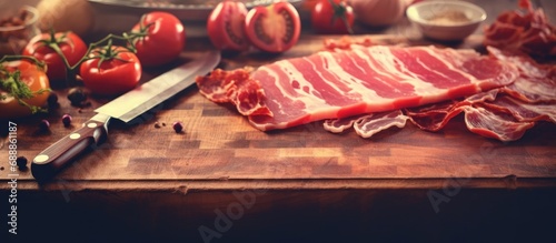 Vintage wooden cutting board with bacon, veggies, Instagram filter, close-up.