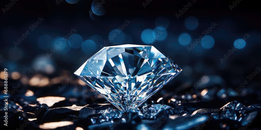 Mineral stone diamond close up on a dark background, horizontal shot of a diamond. Generative AI