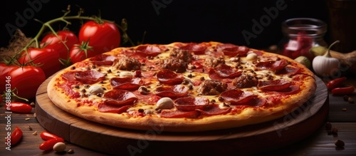 Pizza with pepperoni and beef is on the table.