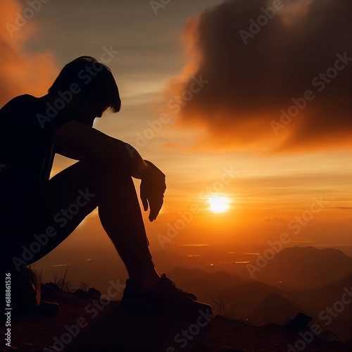 silhouette depressed man sadly sitting with a sunset view  in a depression and anxiety created with generative ai