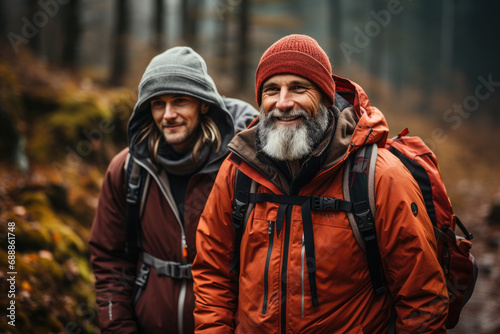 Backpacking couple walk trough the forest area