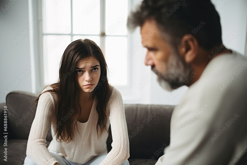 Close up upset girl in front and man behind sit at sofa avoid to talk after quarrel at home, offended teenager daughter and middle aged father argument, family conflict concept Close up upset girl in front and man behind sit at sofa avoid to talk after quarrel at home, offended teenager daughter and middle aged father argument, family conflict concept