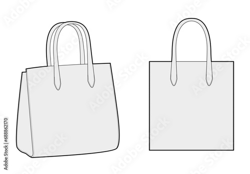 Tote silhouette bag. Fashion accessory technical illustration. Vector satchel front 3-4 view for Men, women, unisex style, flat handbag CAD mockup sketch outline isolated