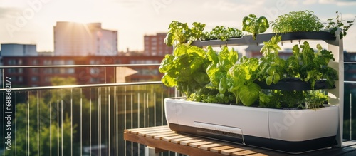 Urban gardening utilizing green technology and smart living with CFC2023SPR, by harnessing alternative energy from the sun for a solar battery in a high garden bed on a balcony. photo