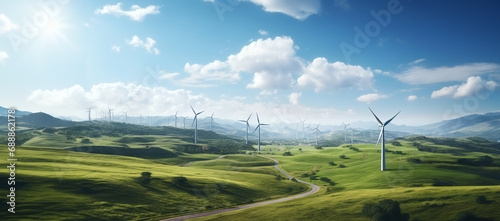 Wind turbines on the green hills. Alternative energy concept.