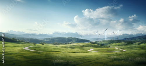 Wind turbines on green meadow. Alternative energy concept.