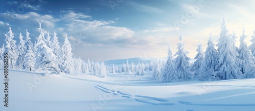 Scenic winter forest glade with snow-covered tree, pure white snow drifts, and falling snow in an evening sky.