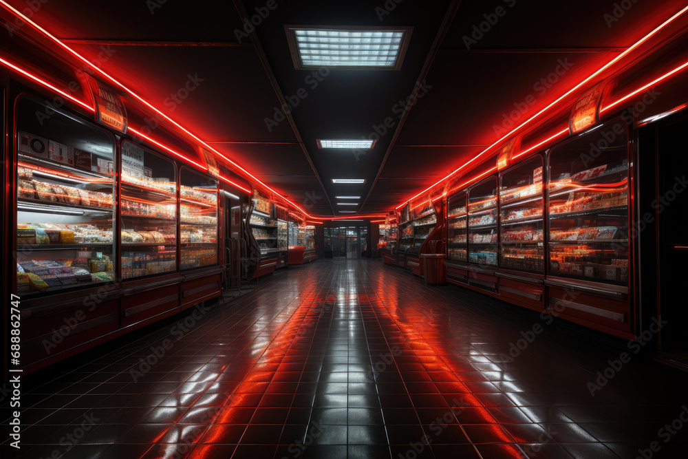 Blurred view of refrigerators with red lights in citysupermarket 