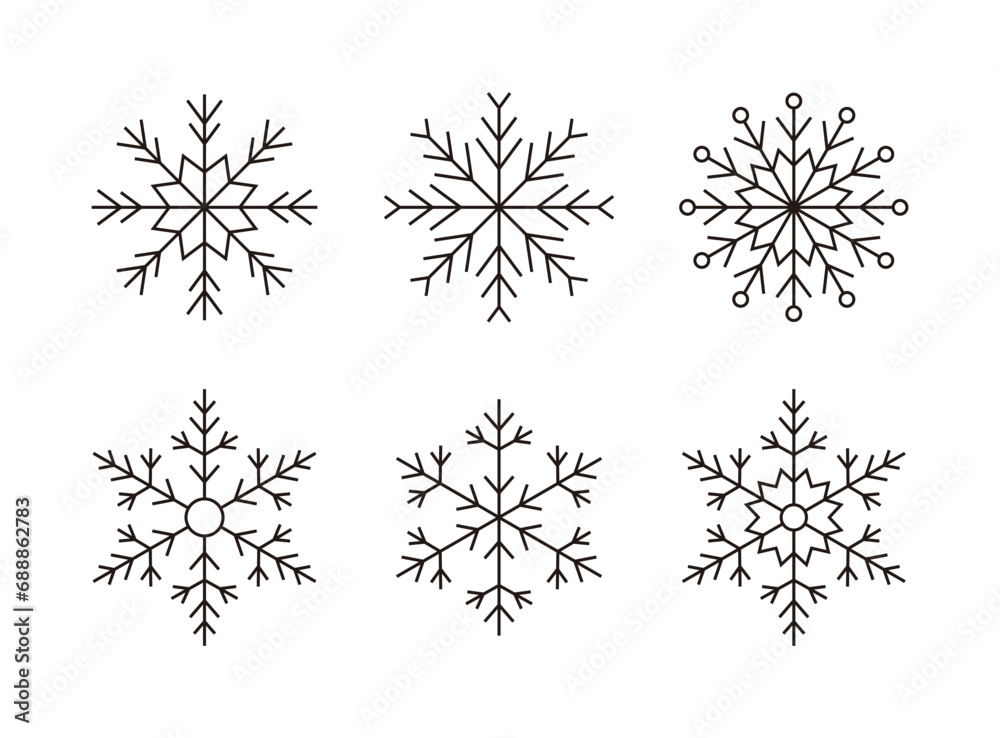 Set of snowflake icons for winter season. Design elements symbolizing snow, snowflakes, ice, crystals, winter, frost, cold weather and Christmas.