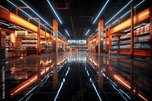 Blurred view of orange lights in supermarket store