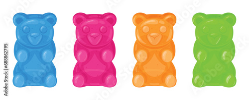 Cartoon gummy bears. Fruity jelly candy, chewy multi colored sweets in shape of bear flat vector illustration set. Gummy bears collection