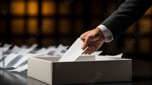 hand puts the ballot paper into the leader selection box photo