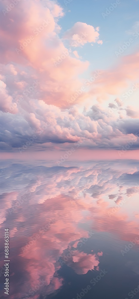 Obraz premium Light pink clouds in sunset blue sky. Pastel colors of clouds, sunrise sundown natural dreamy background for a product, wallpaper for a screen lock, banner