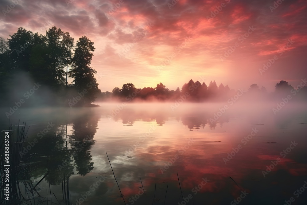 Amazing panorama view of a lake at sunset, sunrise Beautiful night view in wild nature, forest, water, pink maroon colors wallpaper banner.