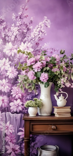 Purple  violet  lilac flower composition design interior  arrangement with dew in slight color variations ranging from blue to purple. Shallow depth of field soft dreamy feel background  wallpaper