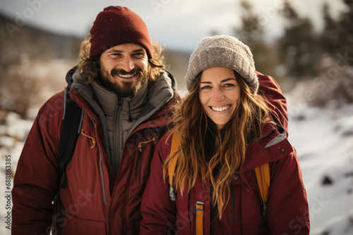Smiling couple on winter vacation trip