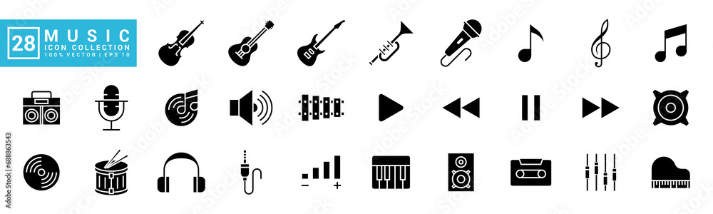 Collection of music icons, musical instruments, notes, rhythms, vector template editable and resizable EPS 10. - obrazy, fototapety, plakaty 