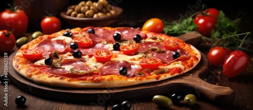 Delicious pizza with ham, pepper, olives, tomato, salami, served on table.