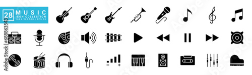Collection of music icons, musical instruments, notes, rhythms, vector template editable and resizable EPS 10.