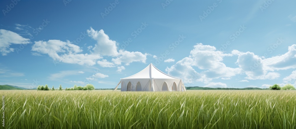 Summer's day, grass field, small chapel, wedding tent, baptism bowl