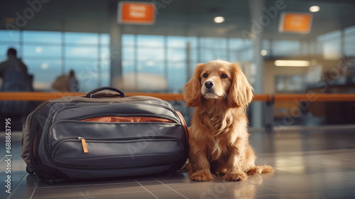 Cute friendly dog guarding the bag at the airport, anticipating the return of his master. Funny, fluffy pet watching over the luggage and patiently waiting for the owner. Traveling with pets. photo