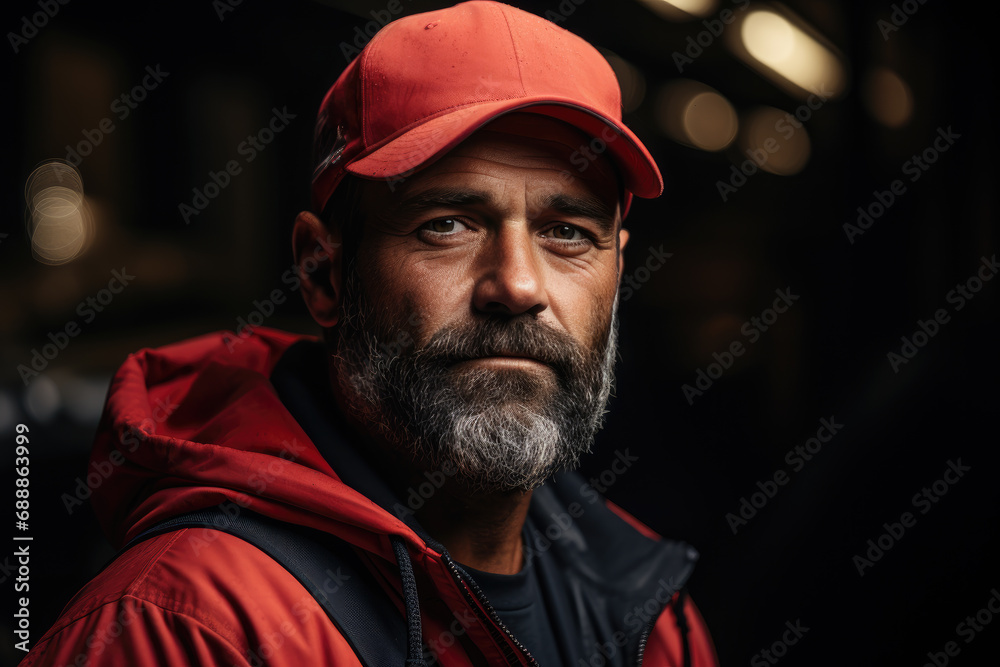 Senior white man wearing a red cap is waiting for drive freight Senior white man wearing a red cap is waiting for drive freight