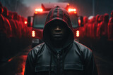 Black gangster man with hood standing in front fire truck