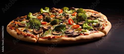 Large, delectable vegan pizza loaded with broccoli, greens, and mushrooms; extra room for texts.