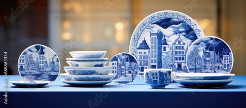 Showcase Delft blue items, like plates and tiny houses photo
