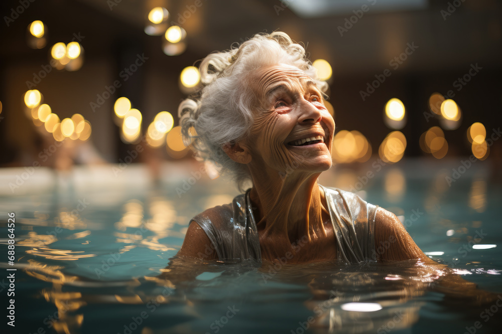 White granny swiming in the pool