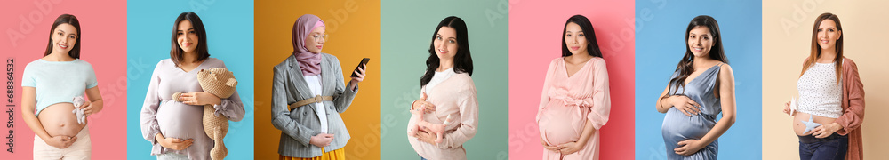 Set of many pregnant women on color background - obrazy, fototapety, plakaty 