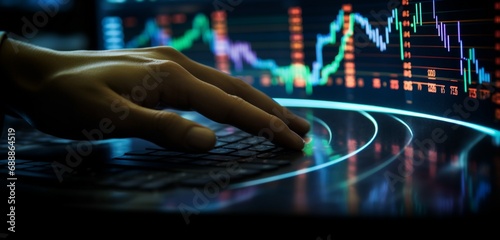 A close-up of a hand using a computer mouse to navigate stock market data on a curved screen.
