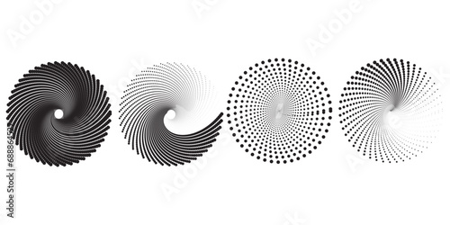 Halftone circular dotted frames set. Circle dots texture isolated on white background. Spotted spray texture. Vector abstract design element spiral circle sound wave vector logo concept circles