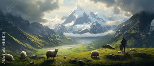 A Serene Shepherd Tending to Grazing Sheep. Majestic Mountain Pastures photo