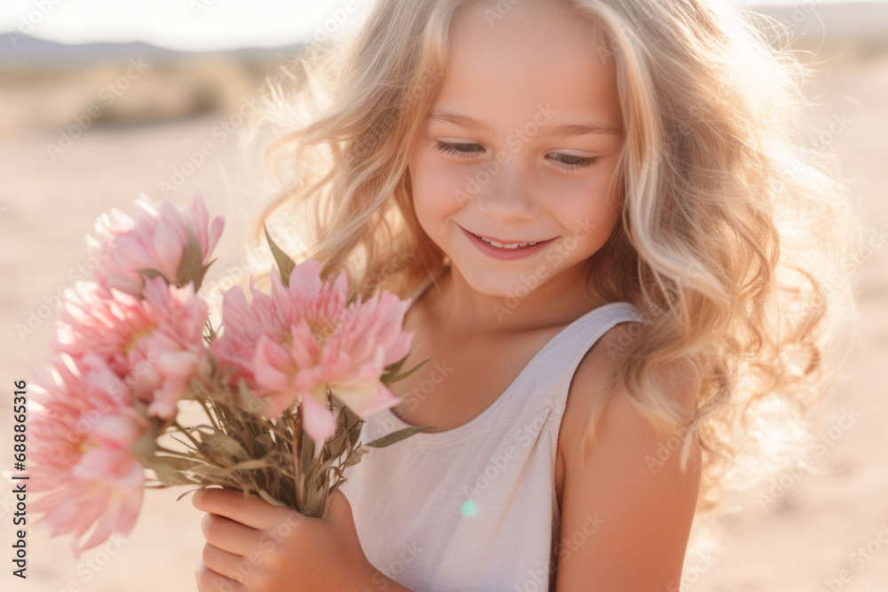 Little blonde girl wearing white dress holding pink flowers for her mom on sunny summer day. Summer fun for family with kids outdoor.