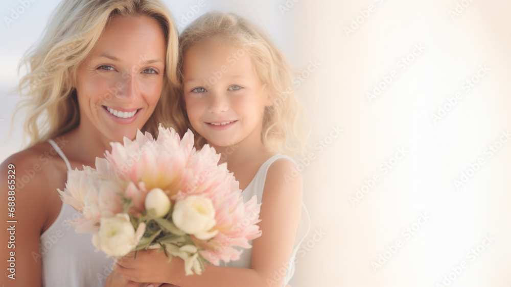 Beautiful blonde mother and child holding pink flowers on sunny summer day. Summer fun for family with kids outdoor. Beautiful blonde mother and child holding pink flowers on sunny summer day. Summer fun for family with kids outdoor.