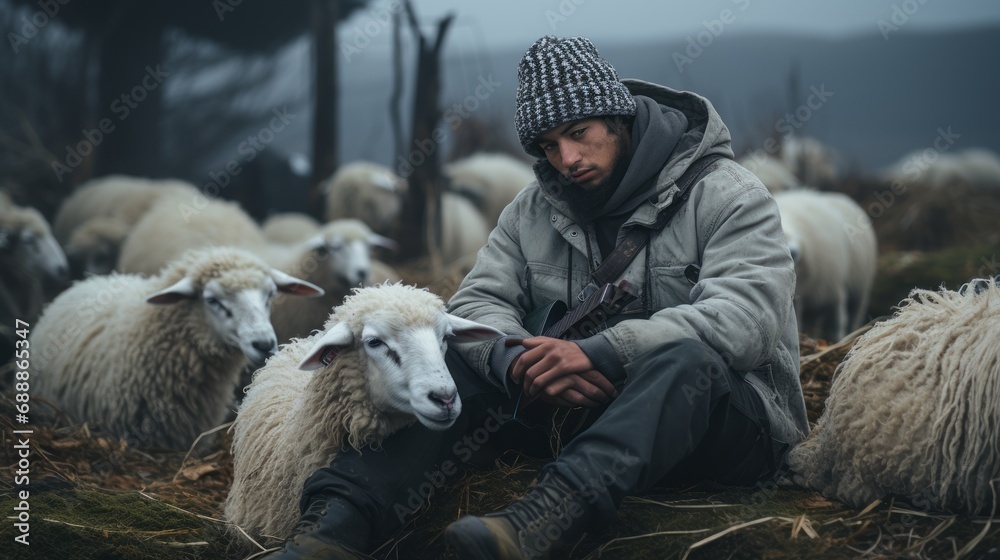 A Serene Shepherd Tending to Grazing Sheep. Majestic Mountain Pastures A Serene Shepherd Tending to Grazing Sheep. Majestic Mountain Pastures