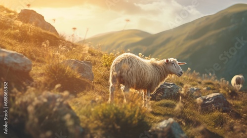 A Serene Shepherd Tending to Grazing Sheep. Majestic Mountain Pastures