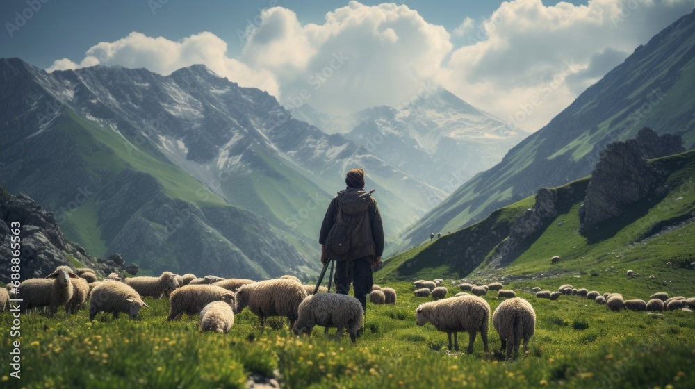 A Serene Shepherd Tending to Grazing Sheep. Majestic Mountain Pastures - obrazy, fototapety, plakaty 